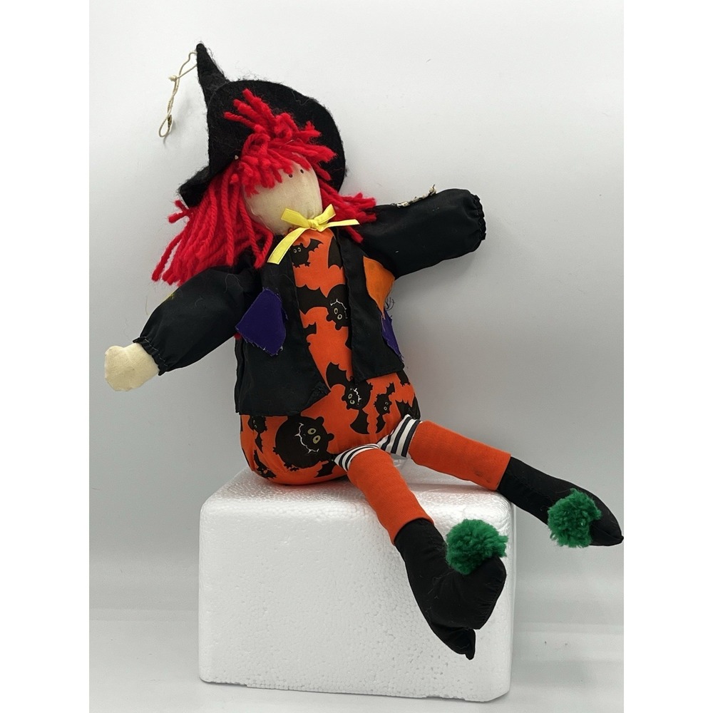 Handmade Halloween Witch Doll – Folk Art Style with Red Yarn Hair and PointedHat